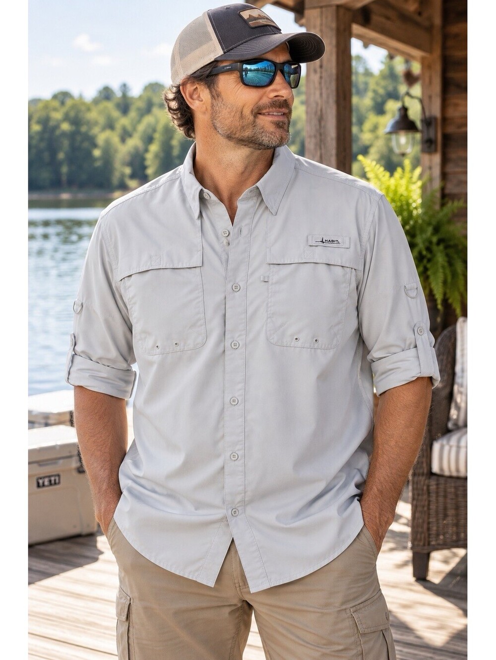 Habit River Guide Mens L Fishing Shirt SPF 40+ Long Sleeve Vented Dusk Gray